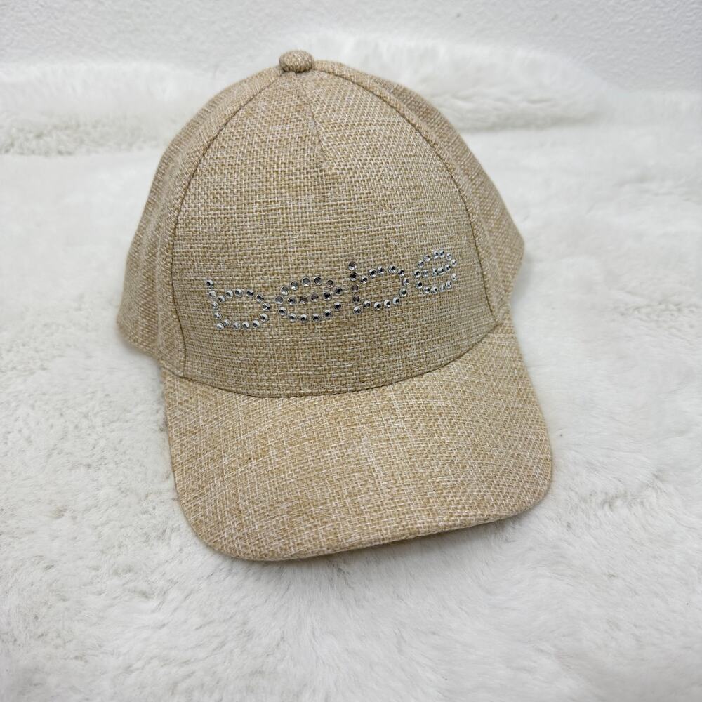 Women's BeBe‎ Rhinestone Adjustable Baseball Hat Cap Burlap Look Tan